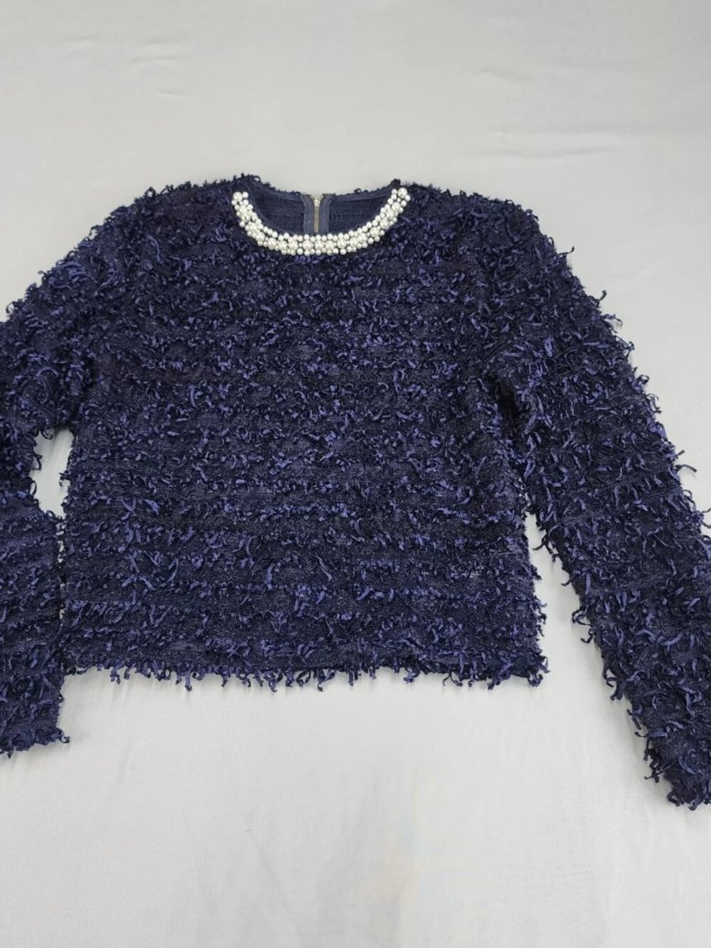Forever Lily Textured Knit Pullover Sweater Women's S Navy Blue Pearl Back Zip